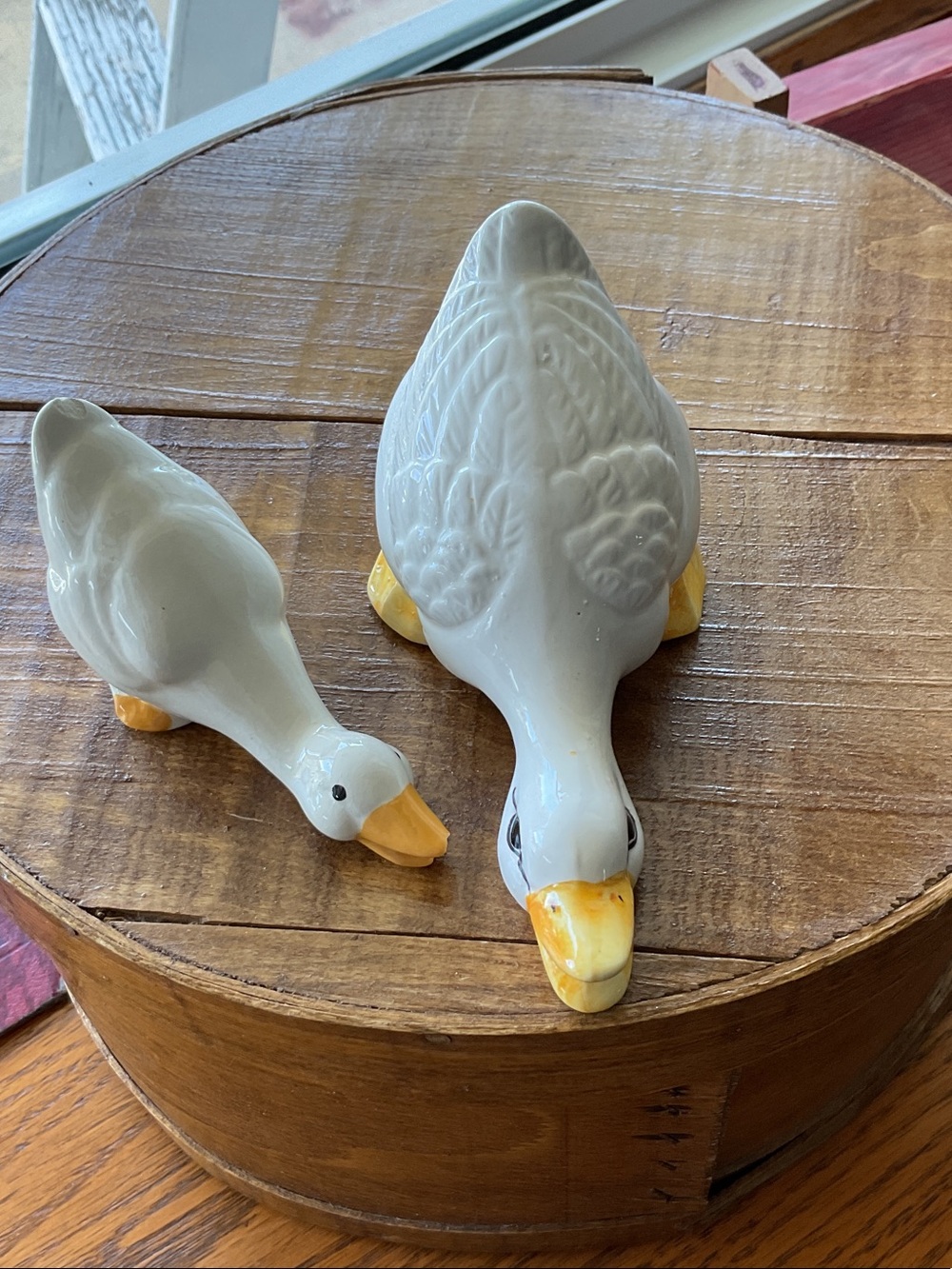 Vintage White Ceramic Geese Figurines with Yellow Beaks - Set of 2